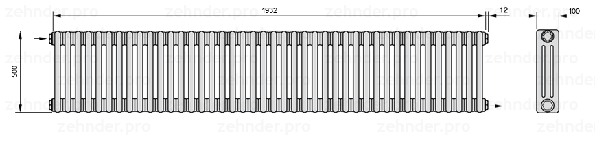 Схема (чертеж) Радиатор Zehnder Charleston 3050/42 №1670 Белый глянцевый RAL 9016